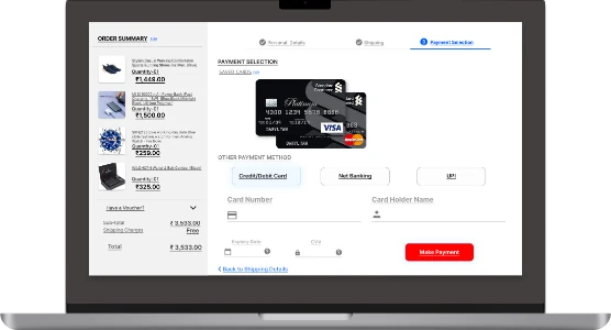 LyraCX checkout on a laptop with order summary and saved cards