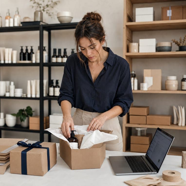 Online brand owner packing a customer order next to a laptop