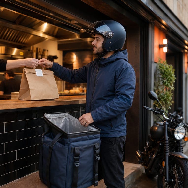 Delivery rider collecting a takeaway order at a restaurant counter