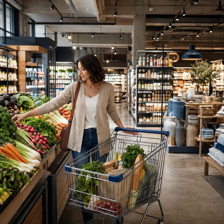 Shopper choosing fresh vegetables with a trolley in a grocery store