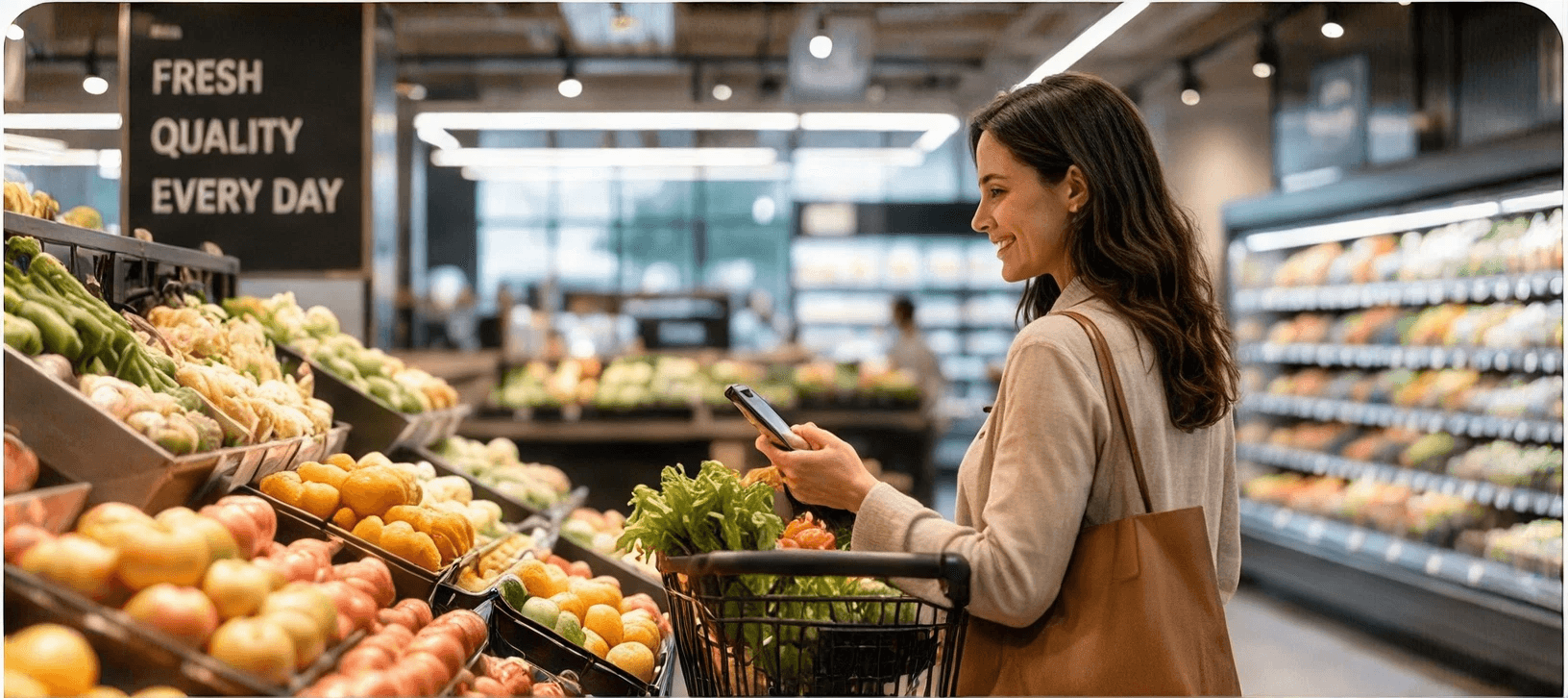 Shopper using her phone in a grocery store produce aisle