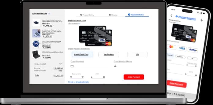 LyraCX checkout on laptop and phone with order summary and saved cards