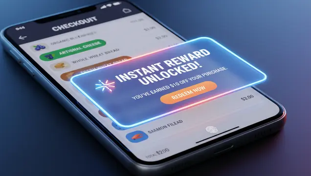 Phone checkout screen showing an instant reward unlocked