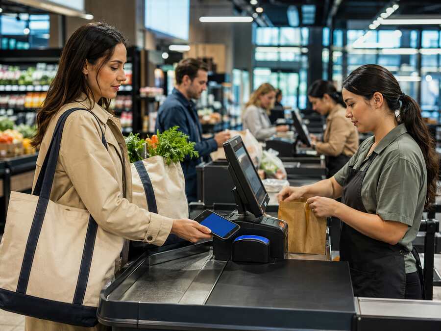 Shopper paying with her card at a grocery checkout