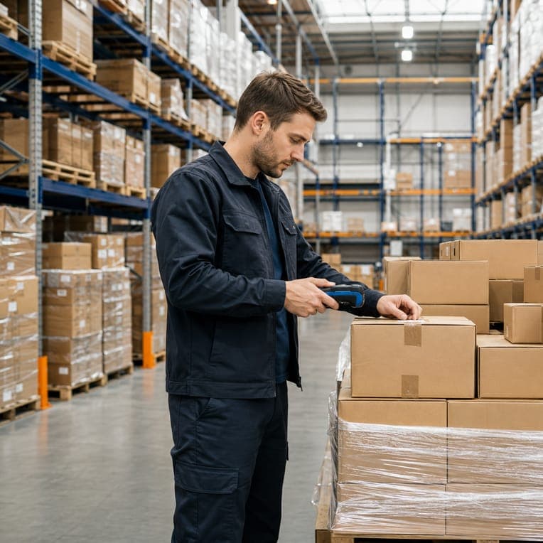 Warehouse worker scanning boxed stock on a pallet