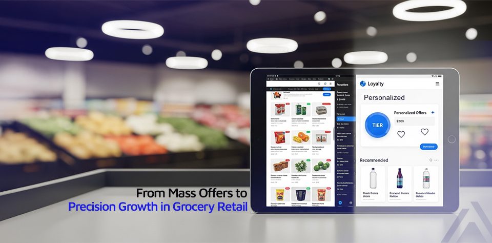 Grocery retail loyalty campaign dashboard shown across tablet and mobile
