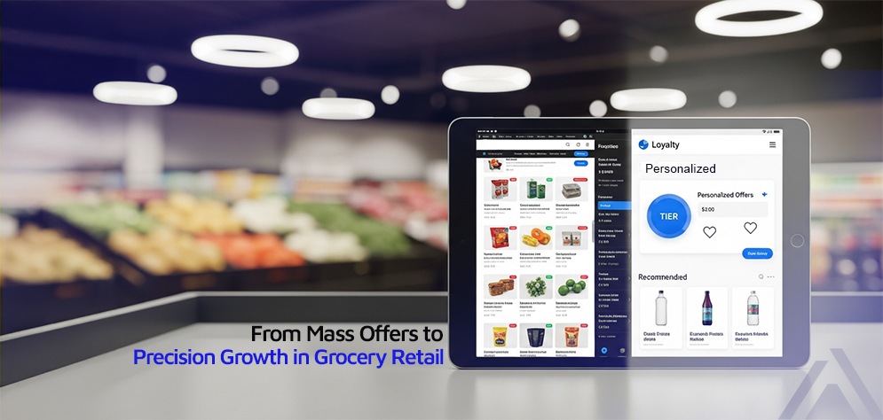 Grocery retail loyalty campaign dashboard shown across tablet and mobile