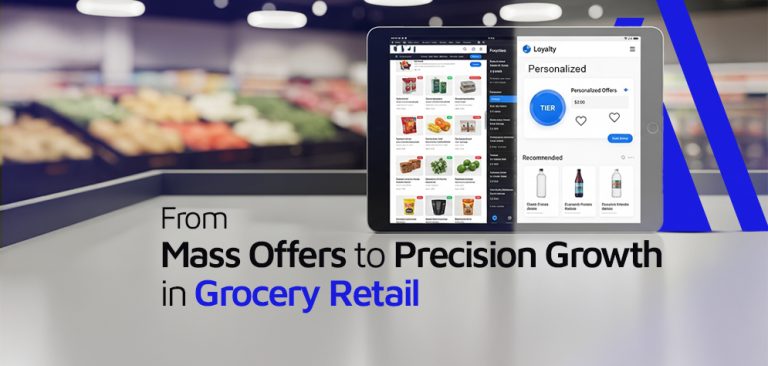 Tablet screen showing personalized loyalty offers in a grocery store, highlighting precision growth powered by a predictive analytics platform.