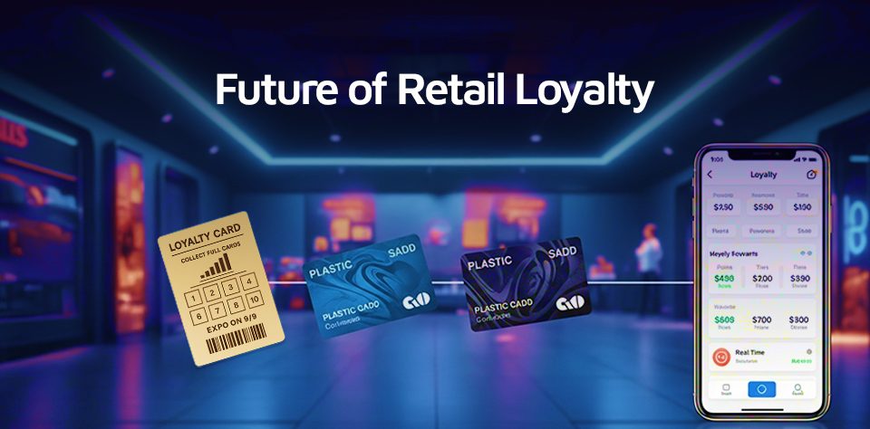 Retail loyalty strategy visual with digital rewards and mobile interface