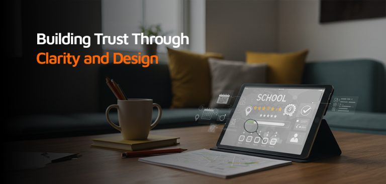 Tablet with bilingual school search interface showing how digital branding solutions build trust through clarity and design.