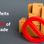 Counterfeit products banned symbol over stacked boxes representing Track and Trace Technology for brand protection