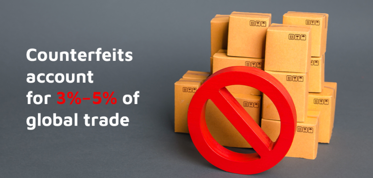 Counterfeit products banned symbol over stacked boxes representing Track and Trace Technology for brand protection