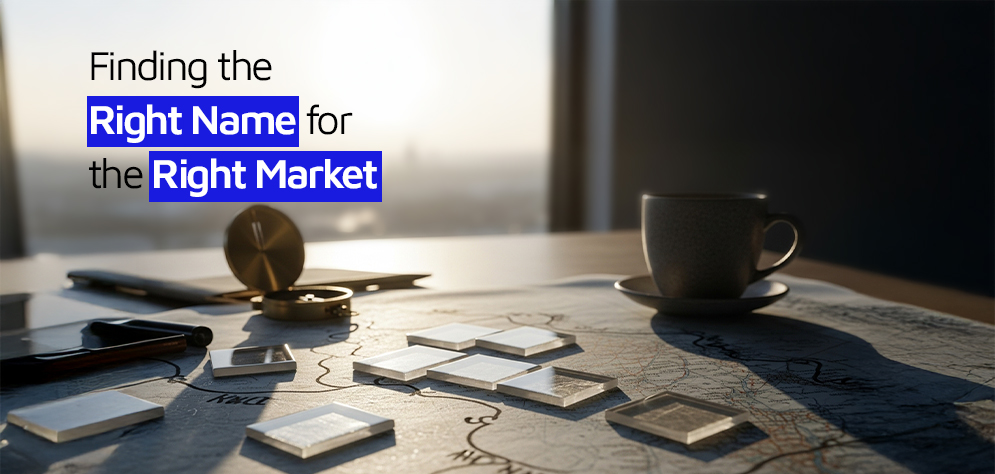 Finding the Right Name for the Right Market | Success Story Cross-cultural brand naming concept with compass, map, and tagline “Finding the Right Name for the Right Market.”