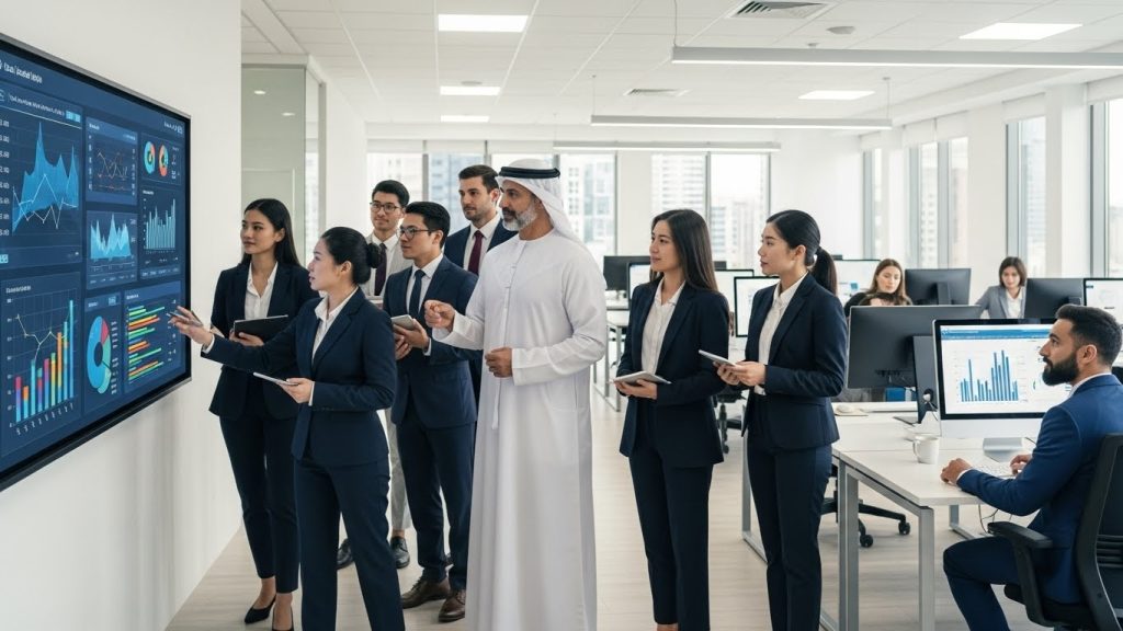 GCC retail leadership team reviewing digital optimization analytics dashboard in modern office