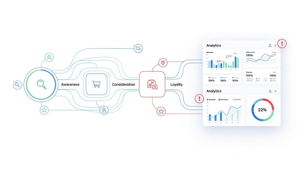 Customer journey illustration showing awareness, consideration and loyalty stages with analytics dashboards highlighting friction points