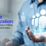 Real-time personalization concept showing a professional holding holographic customer network icons representing timely brand engagement