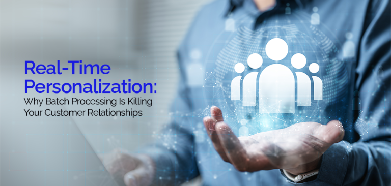 Real-time personalization concept showing a professional holding holographic customer network icons representing timely brand engagement