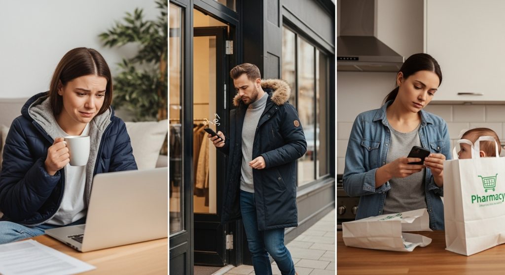Triptych showing three customers receiving late notifications: woman already wearing purchased jacket, man in new winter coat checking phone outside store, and mother in kitchen with pharmacy bag dismissing cart recovery email