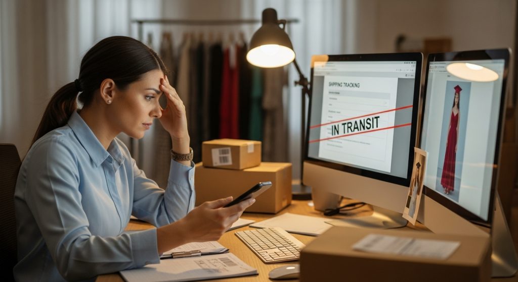 Stressed operations manager looking at shipping tracking stuck in transit while graduation dress order delayed