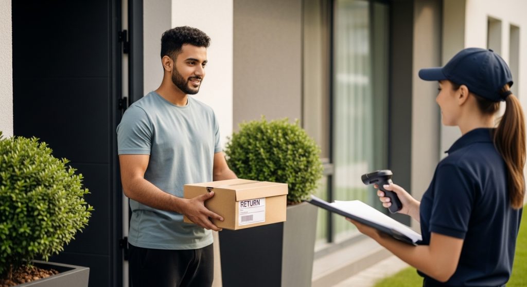 Customer handing return package to courier at doorstep for easy hassle-free ecommerce returns pickup.