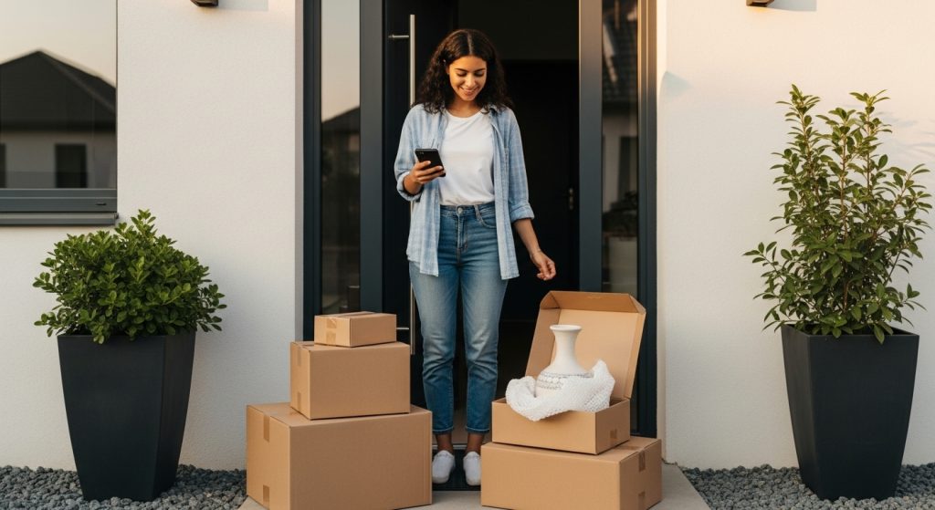 Happy customer receiving multiple organized package deliveries with ceramic vase and checking order tracking on smartphone.