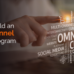 Hand touching digital omnichannel loyalty program interface showing multi-channel touchpoints including mobile apps, social media, and digital marketplaces