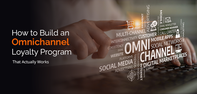 Hand touching digital omnichannel loyalty program interface showing multi-channel touchpoints including mobile apps, social media, and digital marketplaces