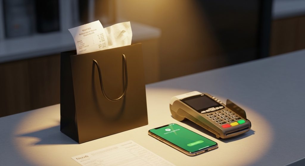 Premium shopping bag with receipt beside a smartphone showing green order confirmed screen and contactless payment terminal on a clean minimal retail counter representing a streamlined ecommerce checkout that doubled conversion rates