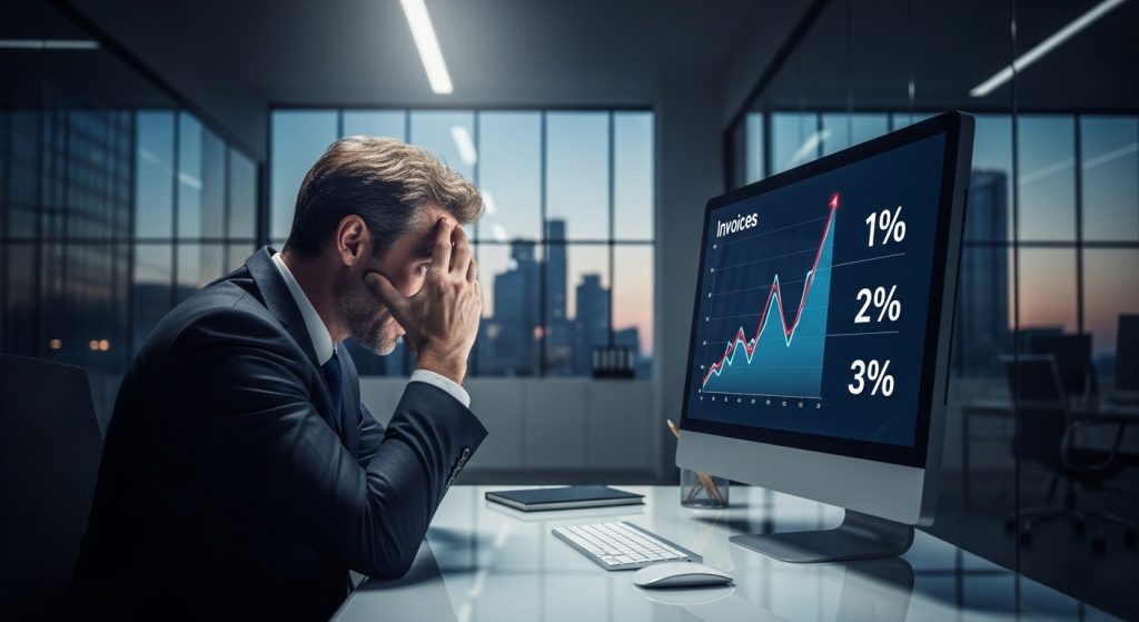 Business executive frustrated reviewing rising salesforce commerce cloud platform costs showing 1%, 2%, 3% revenue percentages on computer screen