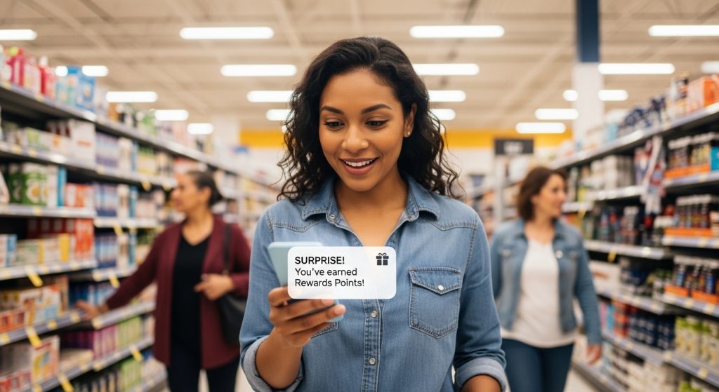 Customer smiling with surprise while looking at smartphone reward notification in retail store aisle showing instant loyalty points earned during shopping experience