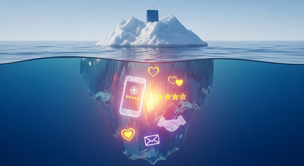 Iceberg metaphor showing shopping bag on small visible tip above water while customer engagement icons like hearts, star ratings, smartphone, email, and handshake glow beneath the surface representing hidden loyalty value.