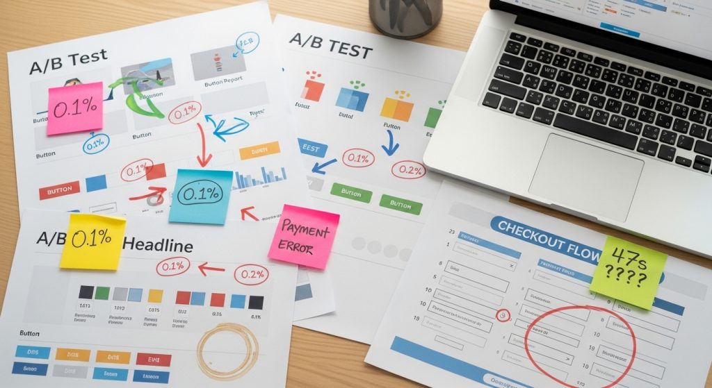 Marketing desk covered with A/B test reports showing tiny percentage gains while a checkout flow diagram with 23 form fields and payment error sits ignored in the corner representing misplaced ecommerce optimization priorities