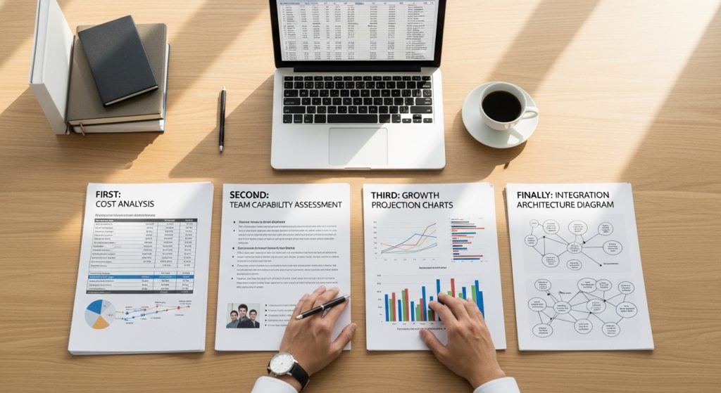 Executive evaluating salesforce commerce cloud alternatives with four assessment documents: cost analysis, team capability, growth projection, and integration architecture