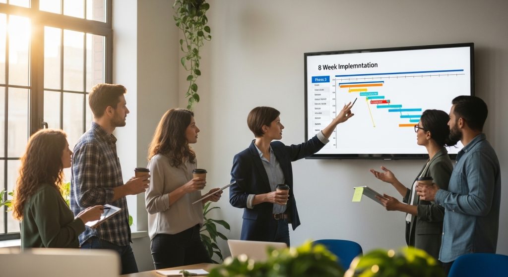 Team discussing 8-week omnichannel loyalty implementation timeline on screen showing Phase 3 Gantt chart in modern office standup meeting
