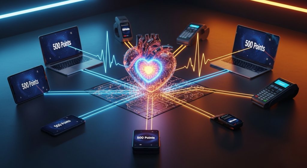 Digital heart representing loyalty engine at center with pulse lines connecting synchronized devices showing 500 points across laptop, tablet, smartphone, POS terminals, and smartwatch