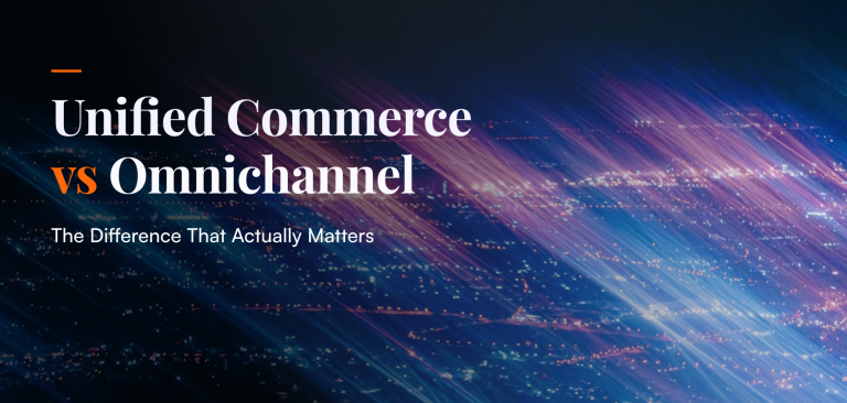Unified Commerce vs Omnichannel comparison with dark blue gradient background showing digital architecture differences