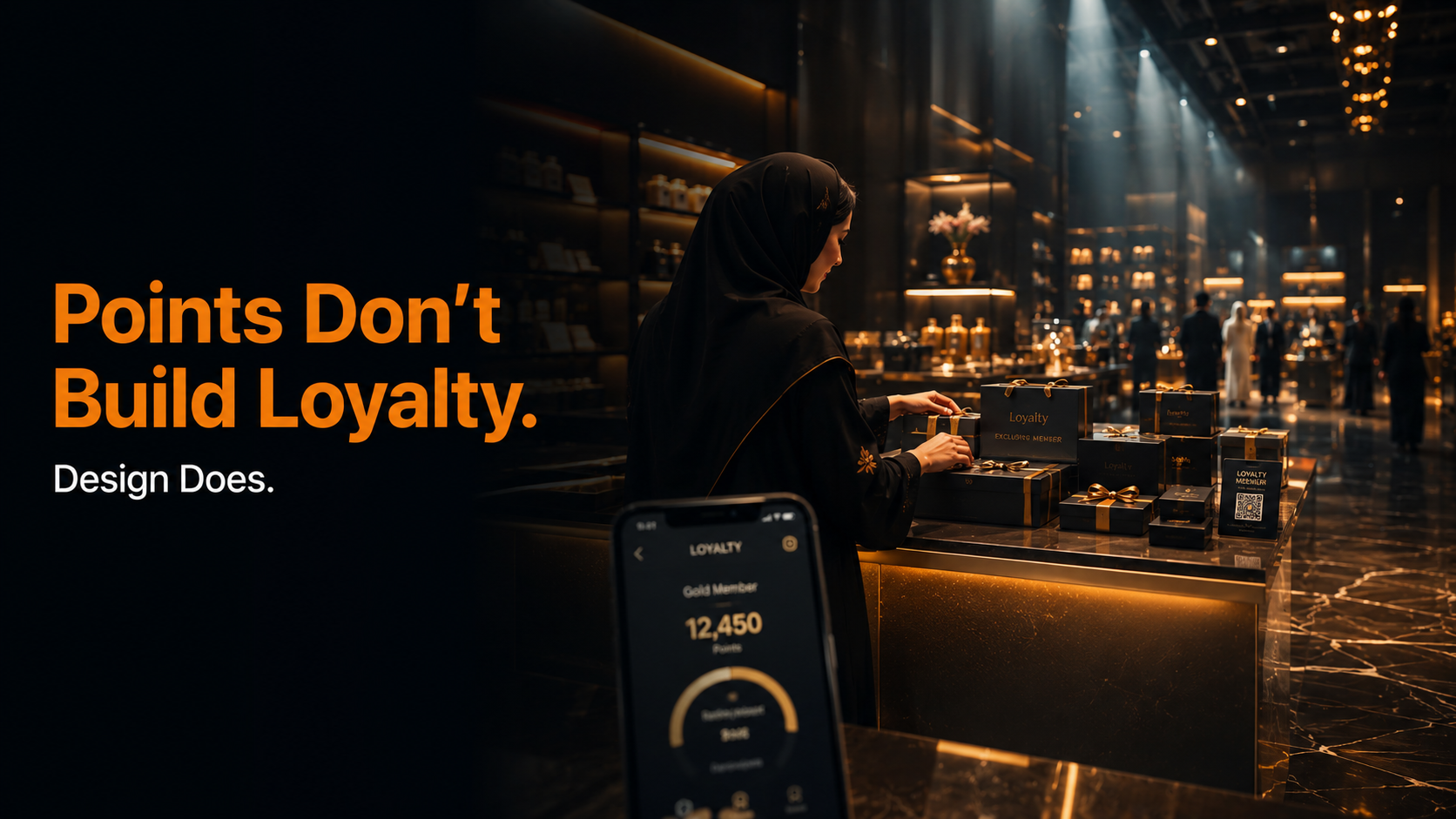 Retail associate arranging exclusive member gift boxes at a luxury loyalty counter showing why loyalty program design matters more than points